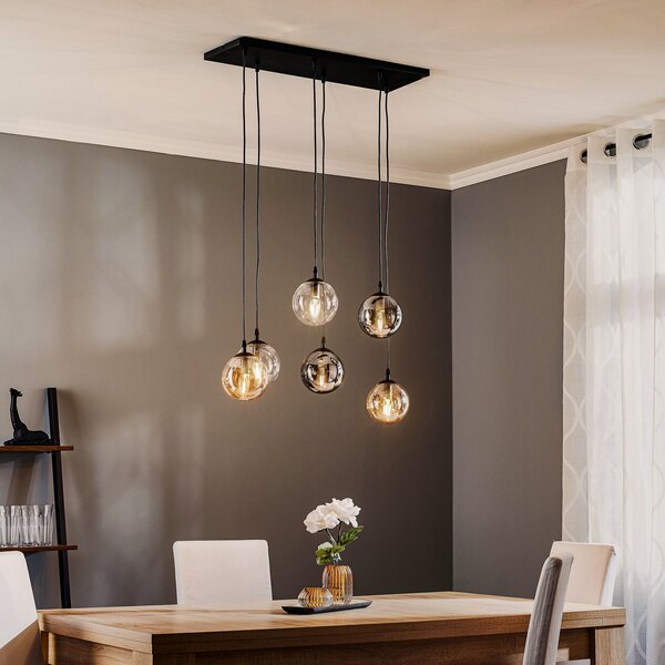 EMIBIG LIGHTING Lampă suspendată Glassy, 6 becuri, grafit/chihlimbar/transparent, sticlă, 75 cm, reglabil, Negru, Camera de zi / sufragerie, Sticlă, Modern