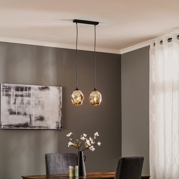 EMIBIG LIGHTING Lampă suspendată Starla cu 2 becuri, sticlă grafit, reglabil, Negru, Camera de zi / sufragerie, Sticlă, Modern