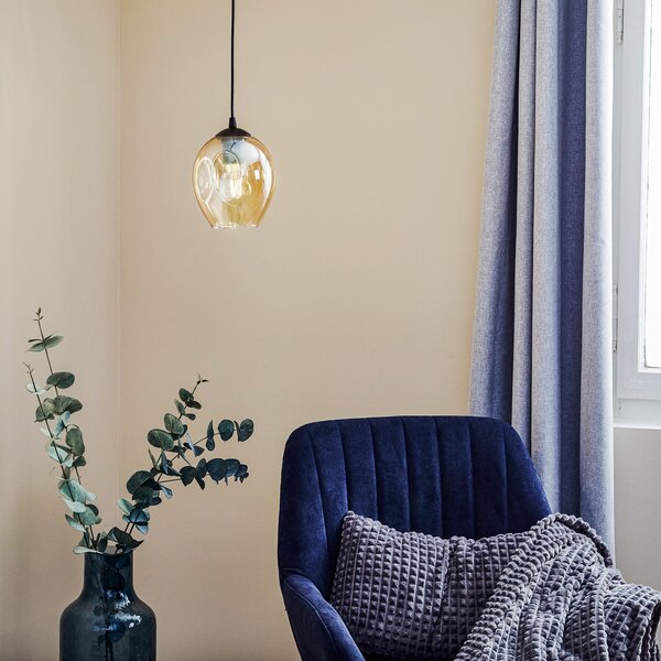 EMIBIG LIGHTING Lampă suspendată Starla cu 1 bec, abajur din sticlă chihlimbar, reglabil, Maro / Rugină, Camera de zi / sufragerie, Sticlă, Modern