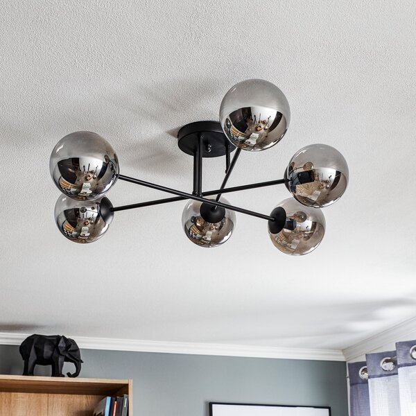 EMIBIG LIGHTING Plafonieră Glassy, negru, grafit, sticlă, 6 becuri, E14, reglabil, Negru, Camera de zi / sufragerie, Sticlă, Modern