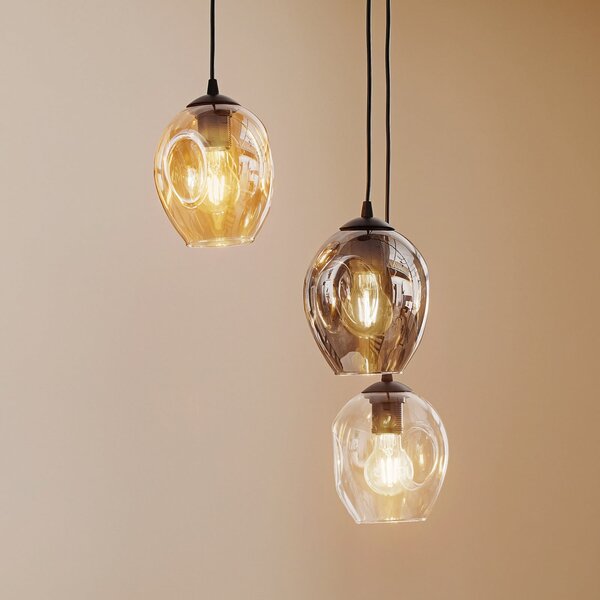 EMIBIG LIGHTING Lampă suspendată Starla, sticlă grafit/chihlimbar/transparentă, 3 becuri rotunde, reglabil, Negru, Camera de zi / sufragerie, Sticlă, Modern
