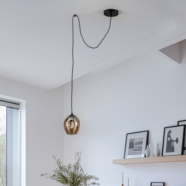 EMIBIG LIGHTING Lampă suspendată Starla decentrată 1 bec, sticlă chihlimbar, reglabil, Negru, Camera de zi / sufragerie, Sticlă, Modern