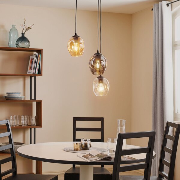EMIBIG LIGHTING Lampă suspendată Starla, sticlă grafit/chihlimbar/transparentă, 3 becuri rotunde, reglabil, Negru, Camera de zi / sufragerie, Sticlă, Modern
