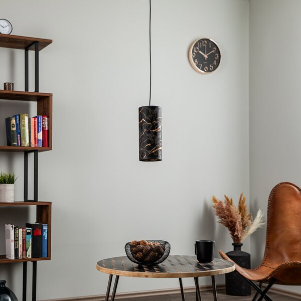 EMIBIG LIGHTING Lampă suspendată Joni, textil, 1 bec negru marmorat, reglabil, Negru, Camera de zi / sufragerie, Țesătură / Textil
