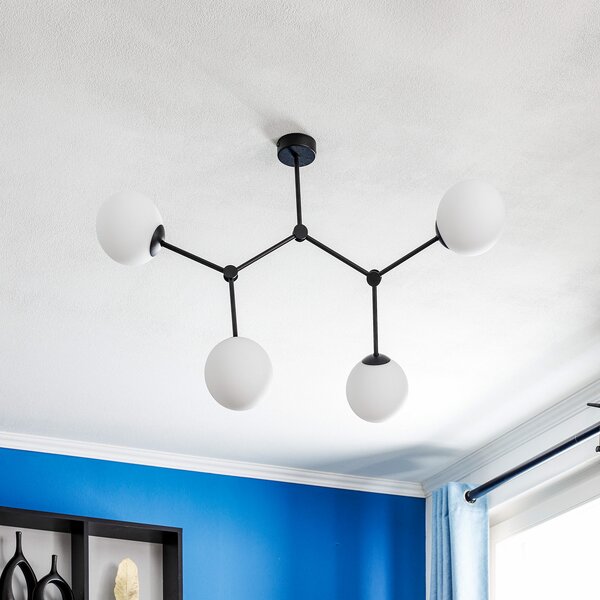 EMIBIG LIGHTING Plachetă plafonieră Space, 4 becuri, negru/opal, reglabil, Negru, Camera de zi / sufragerie, Metal, Modern, glob