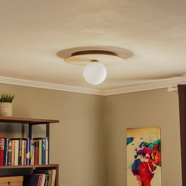 EMIBIG LIGHTING Plafonieră Kenzo, rotundă, maro/alb, 1 bec, reglabil, Lemn, Camera de zi / sufragerie, Lemn, Modern, Plafon rotund direct