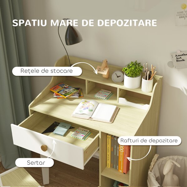 AIYAPLAY Set Birou pentru Copii cu Raft de Depozitare, Sertar și Scaun din Lemn, 80,4x50x96 cm, Alb | Aosom Romania