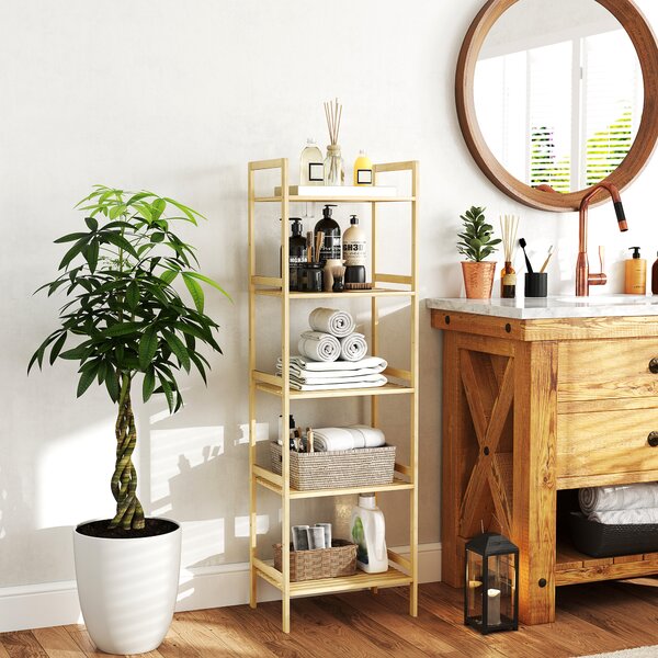 HOMCOM Raft de Depozitare pentru Baie cu 5 Niveluri, 43,5x31,5x142 cm, Lemn Natural | Aosom Romania