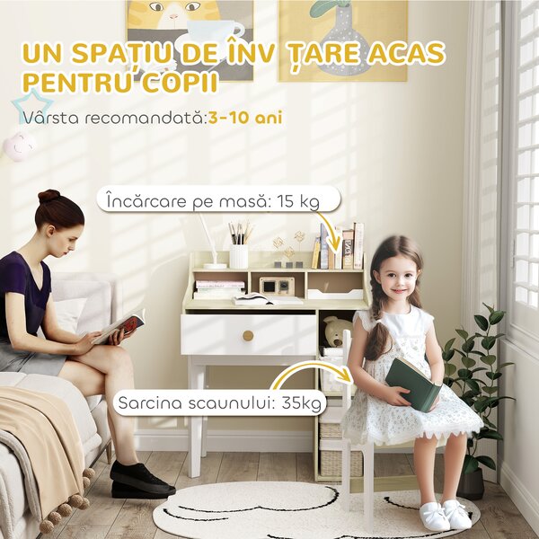 AIYAPLAY Set Birou pentru Copii cu Raft de Depozitare, Sertar și Scaun din Lemn, 80,4x50x96 cm, Alb | Aosom Romania