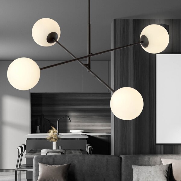 EMIBIG LIGHTING Plachetă de tavan Linear, negru/opal, 4 becuri, reglabil, Negru, Camera de zi / sufragerie, Metal, Modern, glob