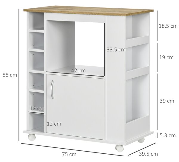 HOMCOM Cărucior de Bucătărie cu Dulăpior, 6 Compartimente de Depozitare și 3 Rafturi Laterale, 75x39.5x88 cm, Alb | Aosom Romania
