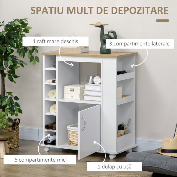 HOMCOM Cărucior de Bucătărie cu Dulăpior, 6 Compartimente de Depozitare și 3 Rafturi Laterale, 75x39.5x88 cm, Alb | Aosom Romania