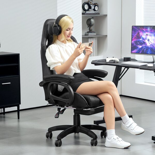 HOMCOM Scaun de Gaming cu Masaj, Spătar Înclinabil, Suport Lombar și Suport pentru Picioare, 65x68x120-128 cm, Negru | Aosom Romania
