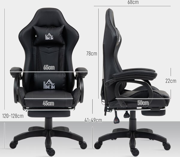 HOMCOM Scaun de Gaming cu Masaj, Spătar Înclinabil, Suport Lombar și Suport pentru Picioare, 65x68x120-128 cm, Negru | Aosom Romania