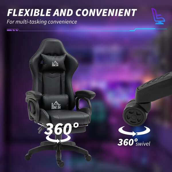 HOMCOM Scaun de Gaming cu Masaj, Spătar Înclinabil, Suport Lombar și Suport pentru Picioare, 65x68x120-128 cm, Negru | Aosom Romania