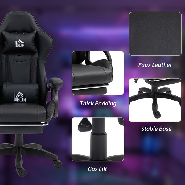 HOMCOM Scaun de Gaming cu Masaj, Spătar Înclinabil, Suport Lombar și Suport pentru Picioare, 65x68x120-128 cm, Negru | Aosom Romania