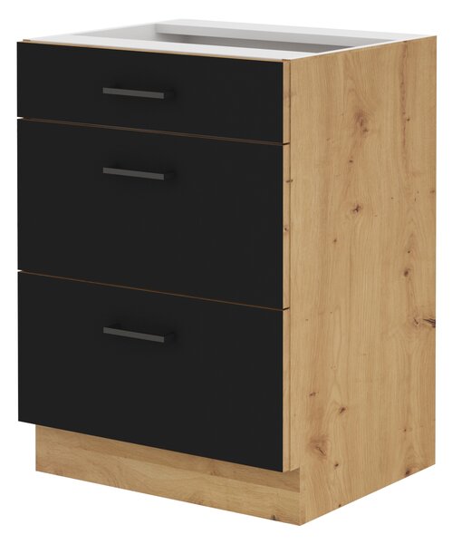 Dulap inferior de bucătărie cu sertare Miraluna (Stejar artisan + Negru mat). 1062359