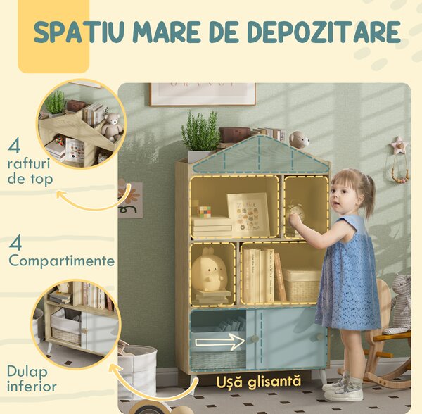AIYAPLAY Bibliotecă pentru Copii cu 4 Cuburi Deschise și Rafturi Superioare, 80x30x140.5 cm, Alb | Aosom Romania
