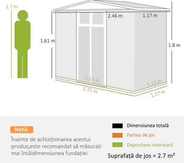 Outsunny Șopron de Grădină cu 4 Guri de Ventilație, 2 Ferestre și Acoperiș Înclinat, 246x117x161/180 cm, Gri Închis | Aosom Romania