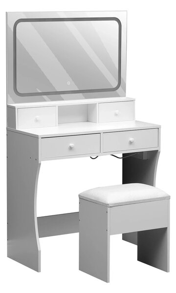 RESIGILAT- Set AMBER, Masă de toaletă pentru machiaj, oglindă banda LED, iluminare reglabila, 4 sertare, port incarcare dubla priza+USB, taburet cu spatiu depozitare, Alb