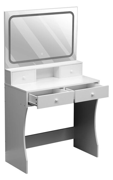 RESIGILAT- Set AMBER, Masă de toaletă pentru machiaj, oglindă banda LED, iluminare reglabila, 4 sertare, port incarcare dubla priza+USB, taburet cu spatiu depozitare, Alb
