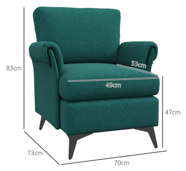 Fotoliu Modern, Fotoliu Confortabil Tapitat pentru Semineu, Scaun de Efect din Panza cu Brate Rulate, Verde 70x73x83cm HOMCOM | Aosom Romania