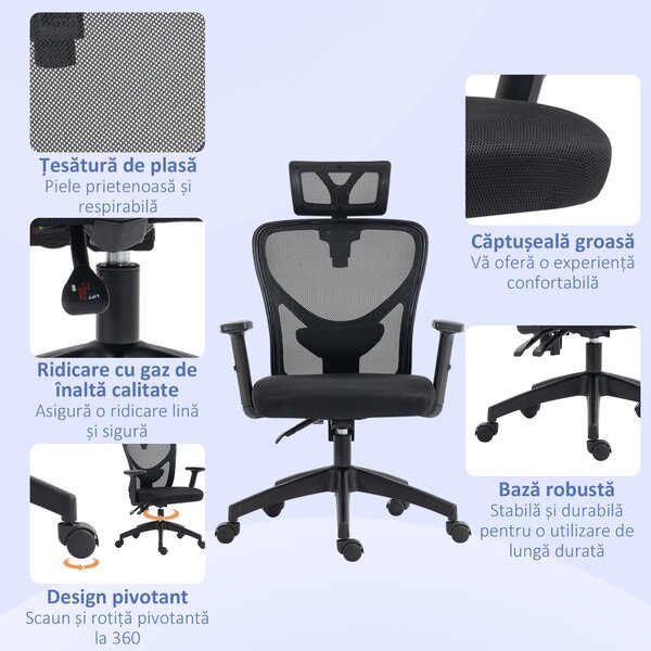 Vinsetto Scaun de Birou cu Inaltime Reglabila si Pivotant, Scaun Ergonomic cu Suport Lombar si Tetiera, 66x61x106-116cm Negru | Aosom Romania