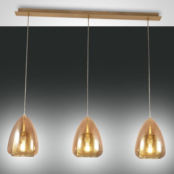 Fabas Luce Lampă suspendată Britton, 3 becuri, chihlimbar, reglabil, Auriu / Alamă, Camera de zi / sufragerie, Sticlă, Design