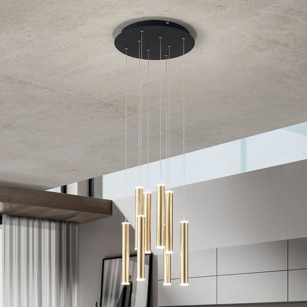 Fabas Luce Suspensie cu LED Prado, auriu, 8 lumini, Ø 40 cm, reglabilă, reglabil, Auriu / Alamă, Camera de zi / sufragerie, Metal, Design