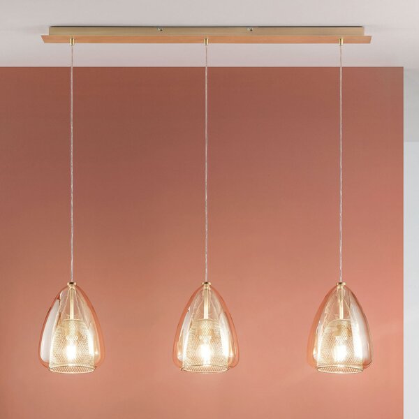 Fabas Luce Lampă suspendată Britton, 3 becuri, chihlimbar, reglabil, Auriu / Alamă, Camera de zi / sufragerie, Sticlă, Design