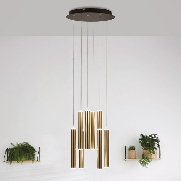 Fabas Luce Suspensie cu LED Prado, auriu, 8 lumini, Ø 40 cm, reglabilă, reglabil, Auriu / Alamă, Camera de zi / sufragerie, Metal, Design