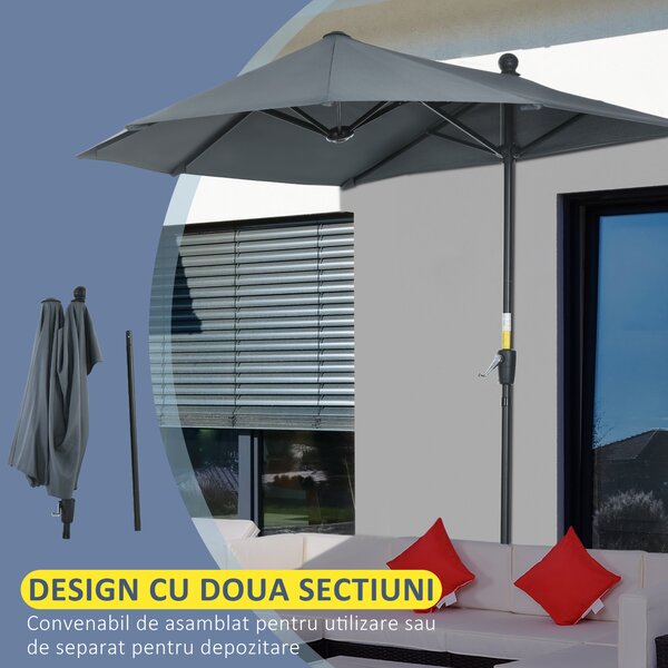 Outsunny Umbrelă Semicirculară Dublă cu Deschidere cu Manivelă, 7 Spițe și Suport în Cruce, 200x190x240 cm, Gri | Aosom Romania