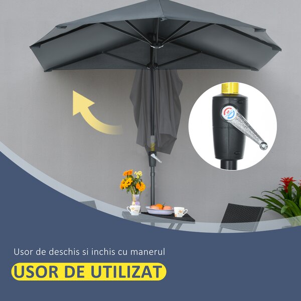 Outsunny Umbrelă Semicirculară Dublă cu Deschidere cu Manivelă, 7 Spițe și Suport în Cruce, 200x190x240 cm, Gri | Aosom Romania