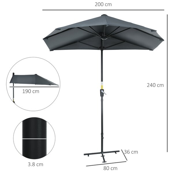 Outsunny Umbrelă Semicirculară Dublă cu Deschidere cu Manivelă, 7 Spițe și Suport în Cruce, 200x190x240 cm, Gri | Aosom Romania