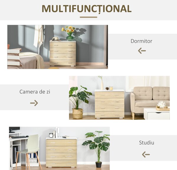 HOMCOM Comodă cu 4 Sertare, Mânere din Aluminiu și Structură din Lemn, 76x35x72cm, Alb și Stejar | Aosom Romania