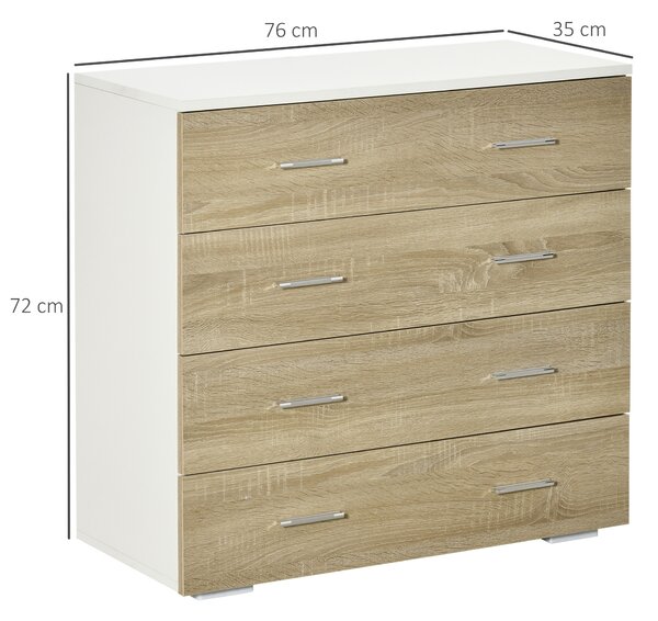 HOMCOM Comodă cu 4 Sertare, Mânere din Aluminiu și Structură din Lemn, 76x35x72cm, Alb și Stejar | Aosom Romania