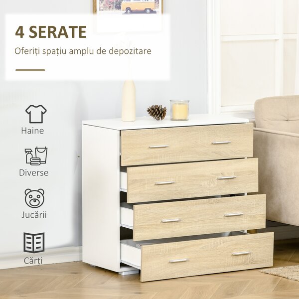 HOMCOM Comodă cu 4 Sertare, Mânere din Aluminiu și Structură din Lemn, 76x35x72cm, Alb și Stejar | Aosom Romania