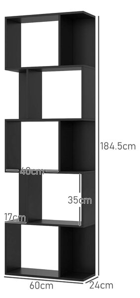 HOMCOM Bibliotecă cu 5 Rafturi Divizate în Formă de S din Lemn, 60x24x184.5 cm, Negru | Aosom Romania