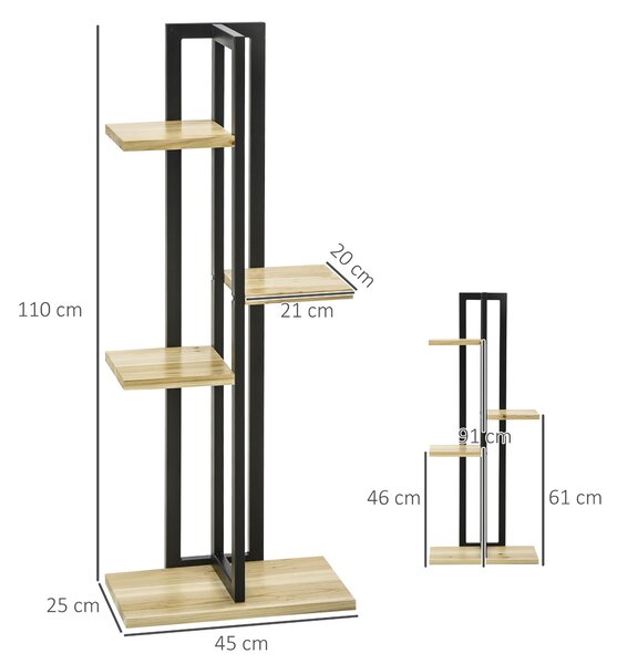 Outsunny Suport pentru Plante cu 4 Etaje din Lemn de Brad și Metal, 45x25x110 cm, Negru | Aosom Romania