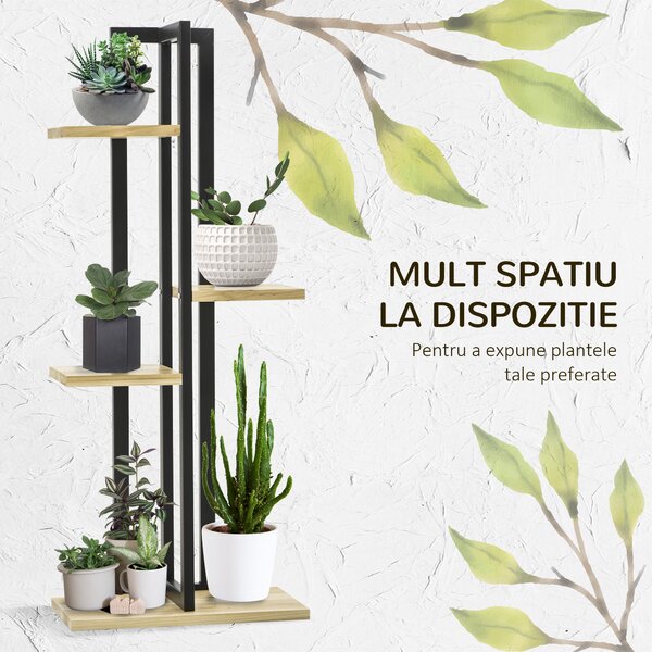 Outsunny Suport pentru Plante cu 4 Etaje din Lemn de Brad și Metal, 45x25x110 cm, Negru | Aosom Romania
