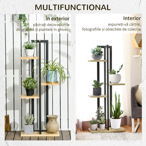 Outsunny Suport pentru Plante cu 4 Etaje din Lemn de Brad și Metal, 45x25x110 cm, Negru | Aosom Romania