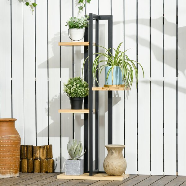 Outsunny Suport pentru Plante cu 4 Etaje din Lemn de Brad și Metal, 45x25x110 cm, Negru | Aosom Romania