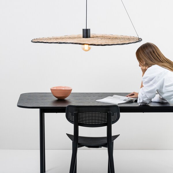 FARO BARCELONA Lampă suspendată Costas, abajur basculant din rattan, Ø 100cm, reglabil, Lemn, Camera de zi / sufragerie, Lemn, Modern