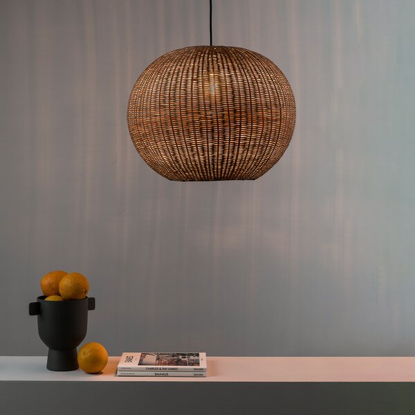 FARO BARCELONA Lampă suspendată Haka cu abajur din rattan, Ø 53 cm, reglabil, Lemn, Camera de zi / sufragerie, Lemn, Modern