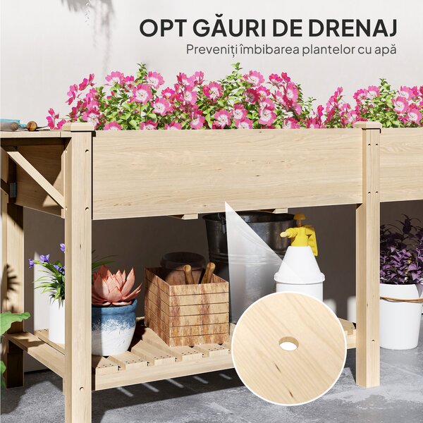 Outsunny Strat Înălțat de Grădină cu Masă Laterală, Raft Inferior și Orificii de Drenaj, 207x59x78 cm, Lemn Natural | Aosom Romania