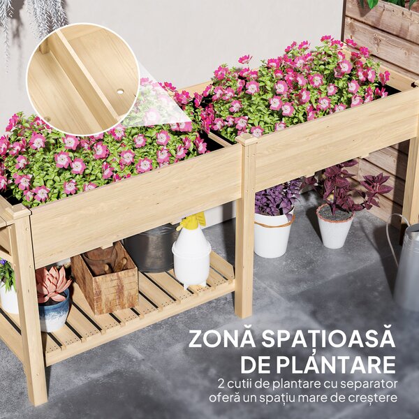 Outsunny Strat Înălțat de Grădină cu Masă Laterală, Raft Inferior și Orificii de Drenaj, 207x59x78 cm, Lemn Natural | Aosom Romania