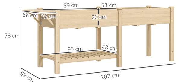 Outsunny Strat Înălțat de Grădină cu Masă Laterală, Raft Inferior și Orificii de Drenaj, 207x59x78 cm, Lemn Natural | Aosom Romania