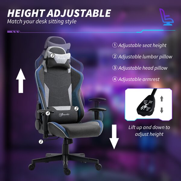 Vinsetto Scaun de Gaming Ergonomic cu Cotiere, Tetieră și Înălțime Reglabile, 66x53x128-138 cm, Albastru | Aosom Romania