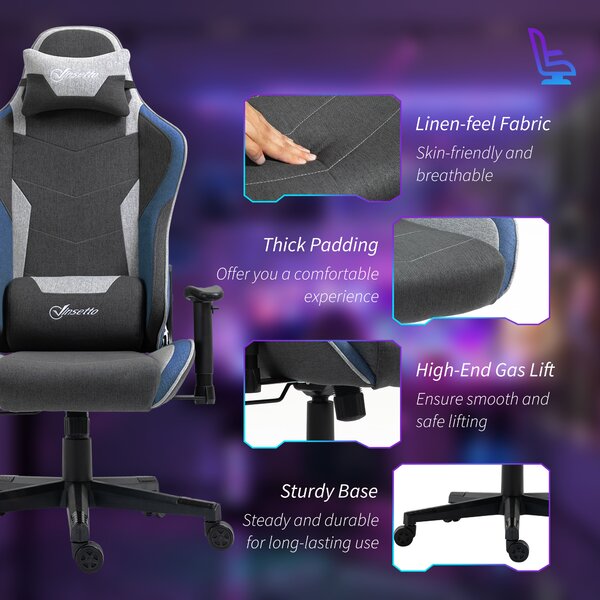 Vinsetto Scaun de Gaming Ergonomic cu Cotiere, Tetieră și Înălțime Reglabile, 66x53x128-138 cm, Albastru | Aosom Romania