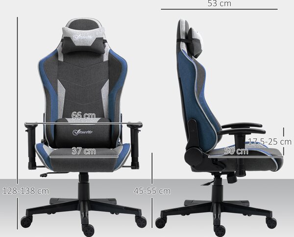 Vinsetto Scaun de Gaming Ergonomic cu Cotiere, Tetieră și Înălțime Reglabile, 66x53x128-138 cm, Albastru | Aosom Romania